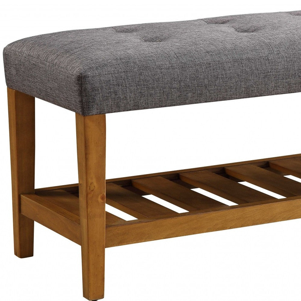 40" Gray and Brown Linen Blend and Solid Wood Upholstered Storage Bench With Shelves