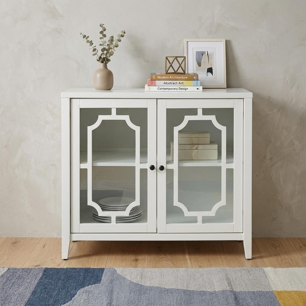 34" White Sideboard with Two Glass Doors