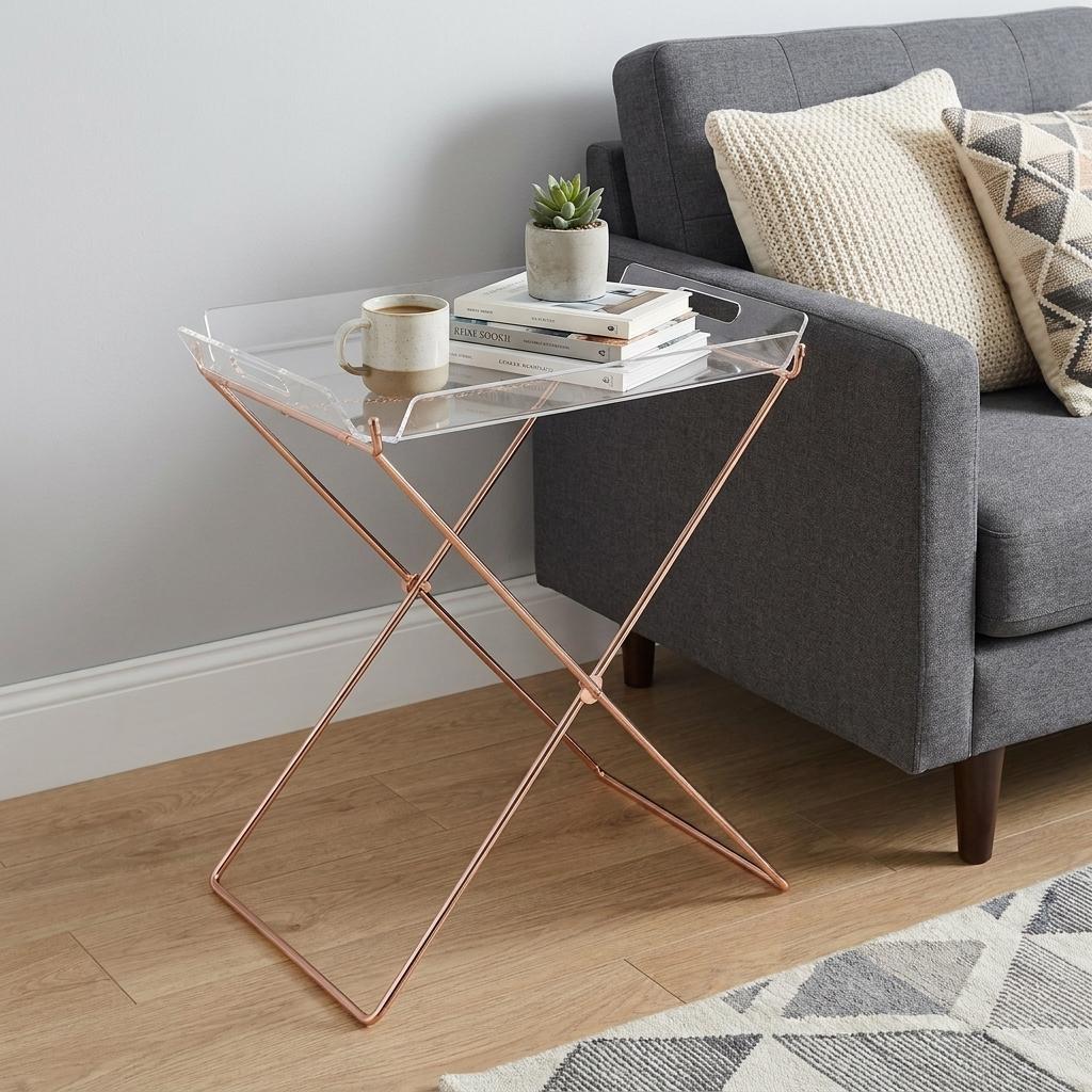 22" Clear and Copper Acrylic and Metal Tray Table