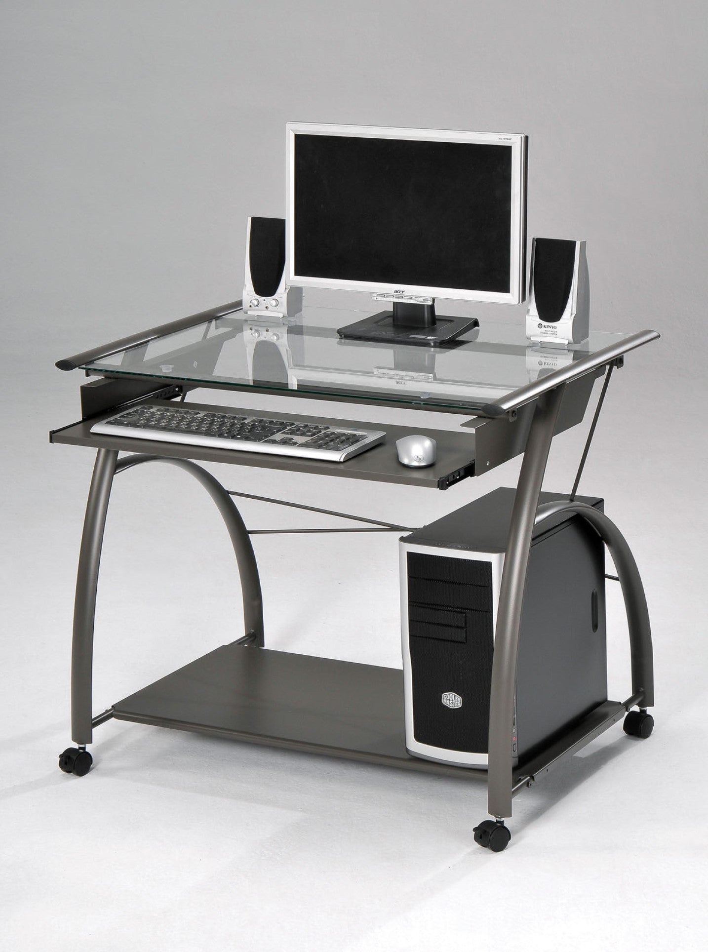 32" Clear and Silver Glass and Stainless Steel Mirrored Rolling Computer Desk