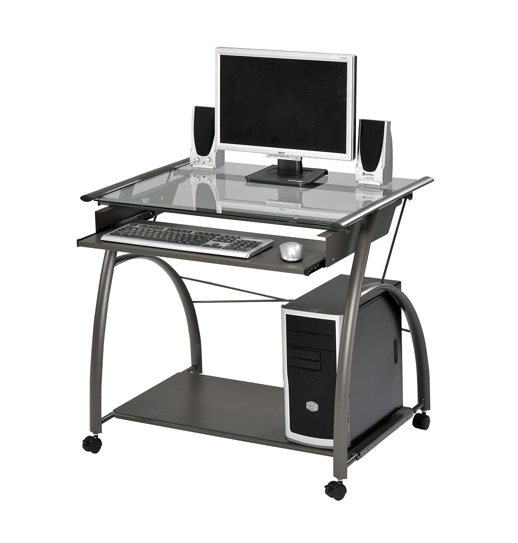 32" Clear and Silver Glass and Stainless Steel Mirrored Rolling Computer Desk