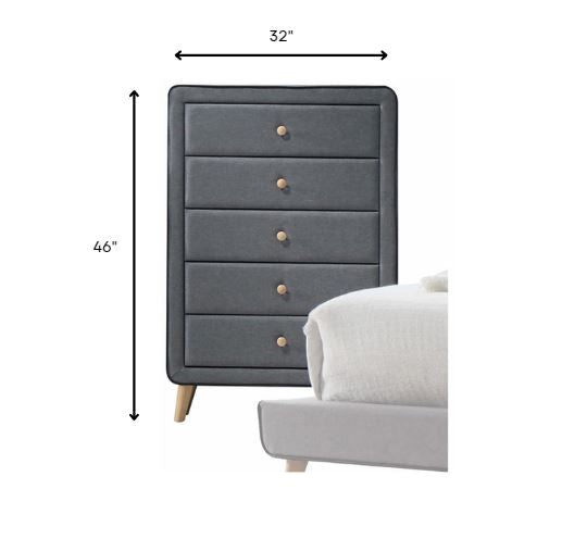 46" Light Gray Upholstery 5 Drawer Chest Dresser With Light Natural Legs