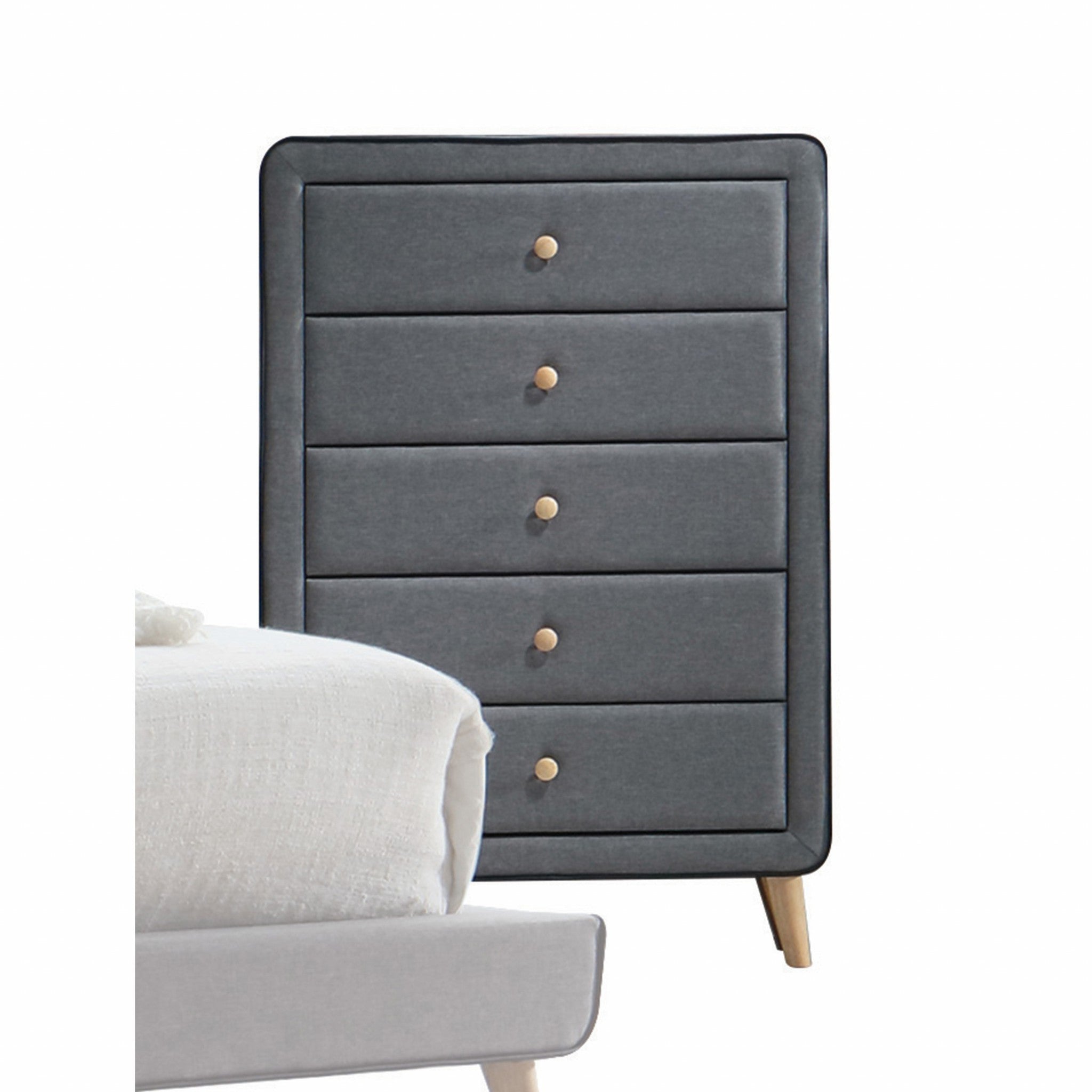 46" Light Gray Upholstery 5 Drawer Chest Dresser With Light Natural Legs