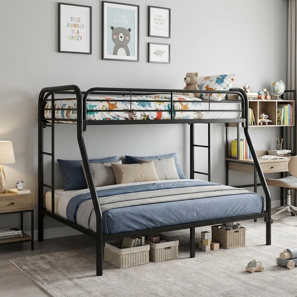 84" X 62" X 65" Twin Xl Over Queen Black Metal Tube Bunk Bed
