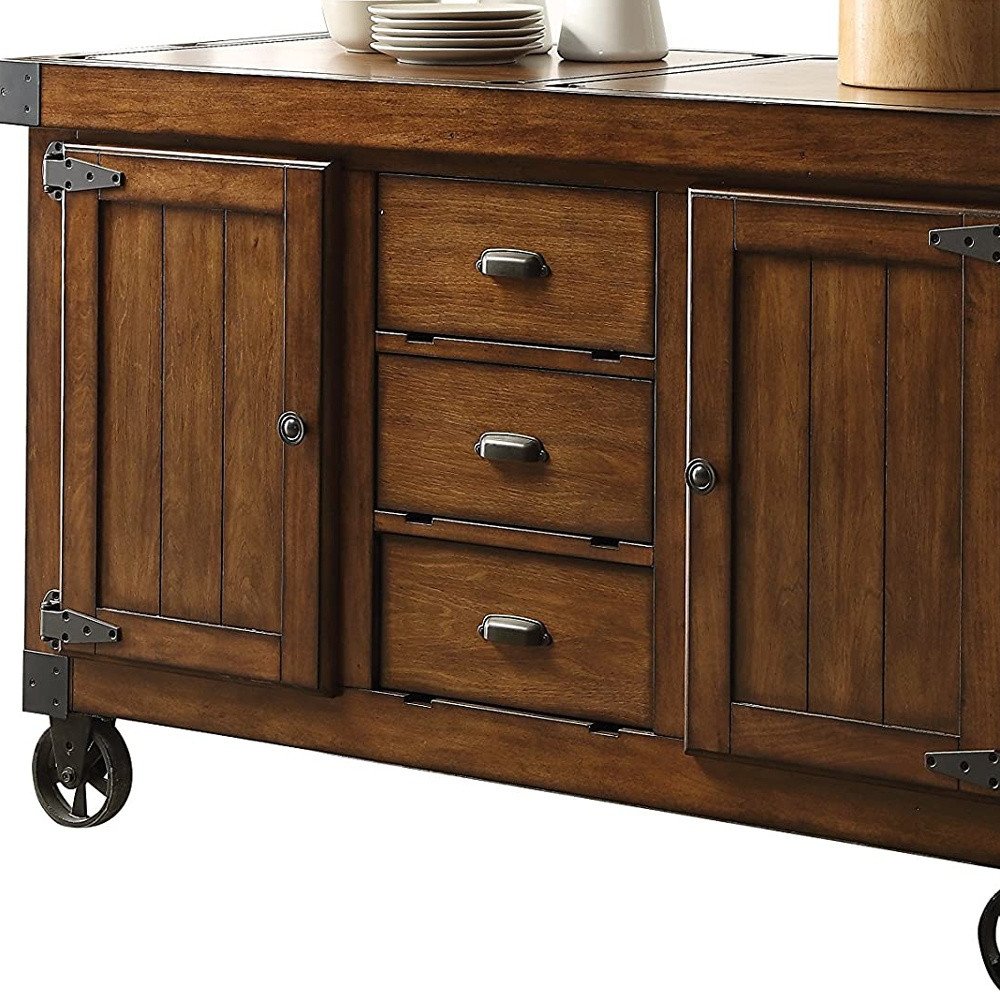 Rustic Farmhouse Warm Tobacco Rolling Kitchen Cart