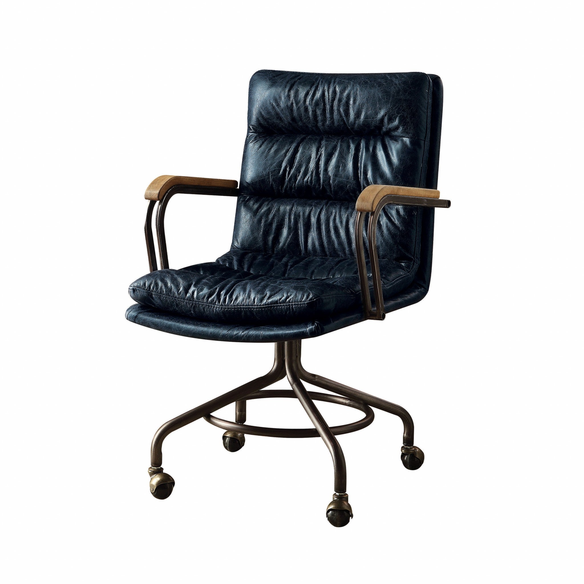 Navy Blue and Dark Brown Swivel Rolling Executive Office Chair