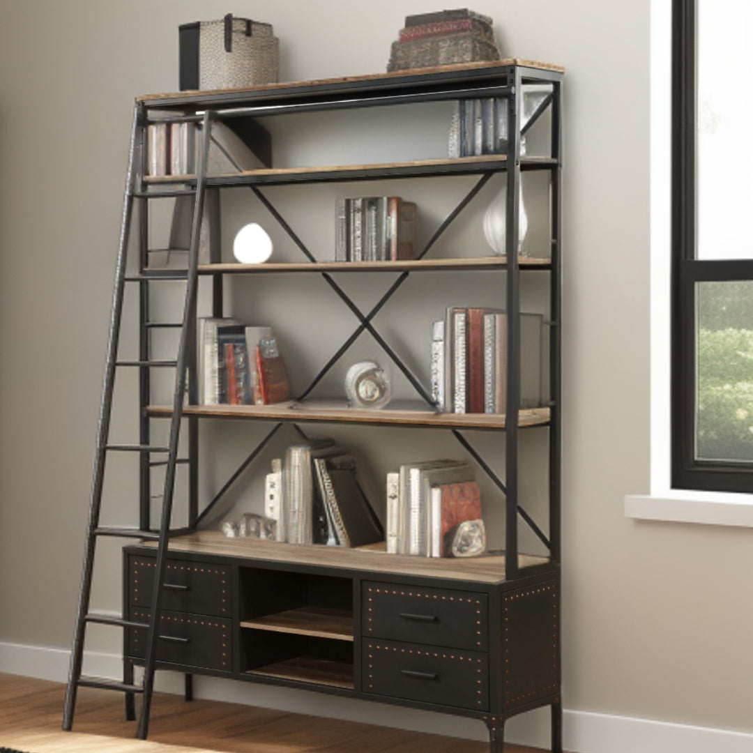 83" Dark Gray Metal and Wood Five Tier Oversized Set Bookcase with Four Drawers
