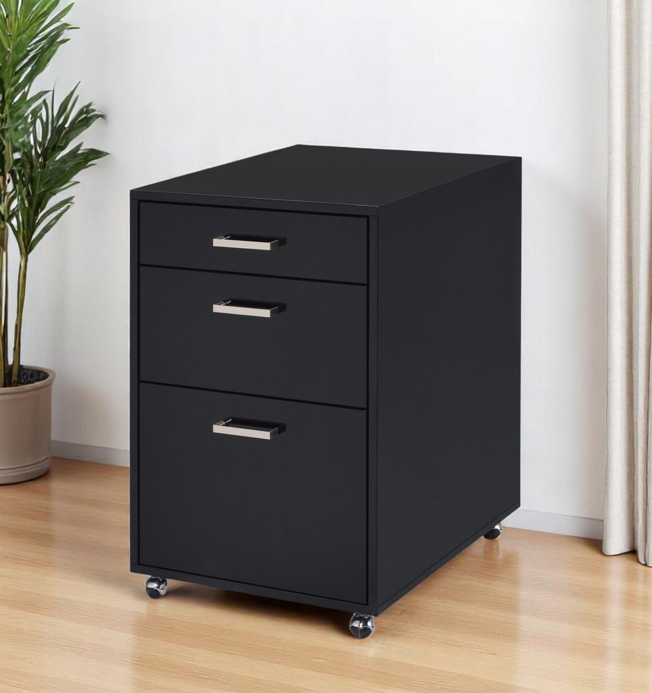 28" Black Wood And Metal Three Drawers Filing Cabinet