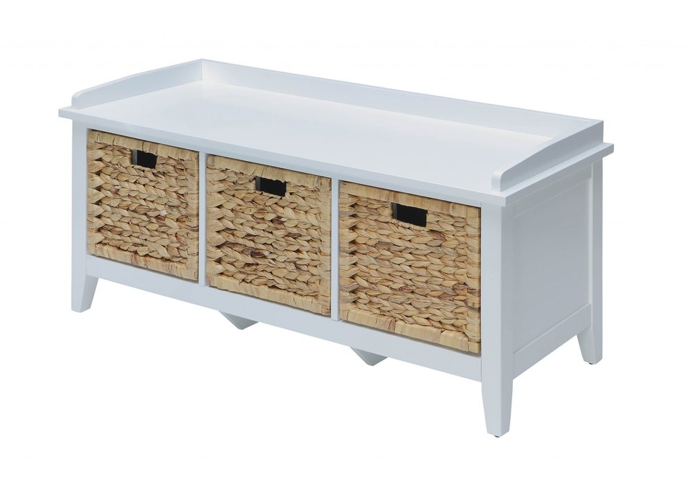 43" White Distressed Solid Wood Storage Bench with Baskets