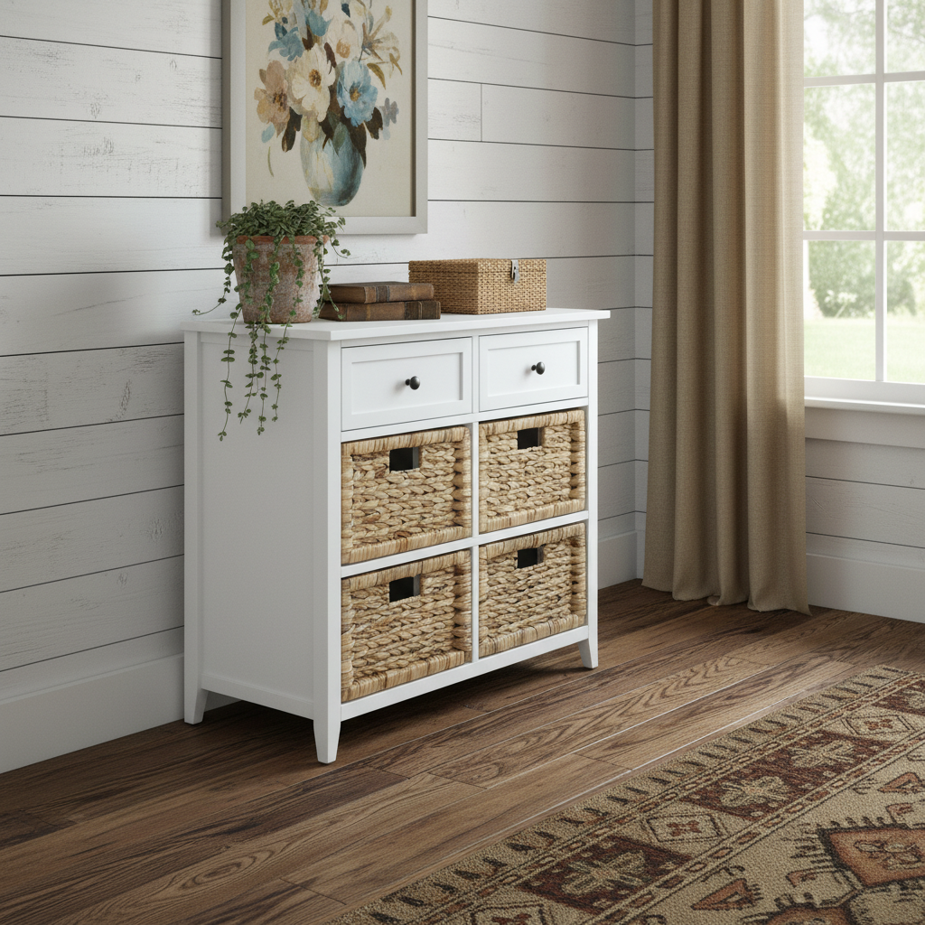 30" White Wood And Water Hyacinth Accent Cabinet With Six Drawers