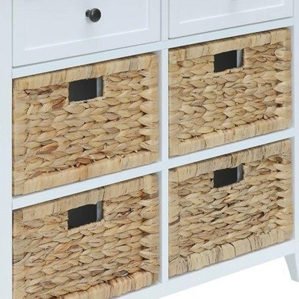 30" White Wood And Water Hyacinth Accent Cabinet With Six Drawers