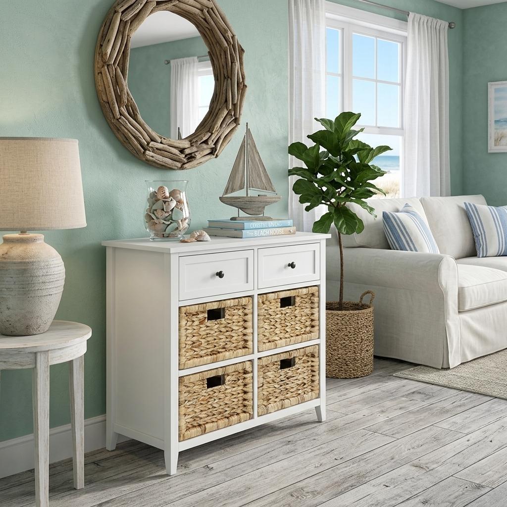 30" White Wood And Water Hyacinth Accent Cabinet With Six Drawers