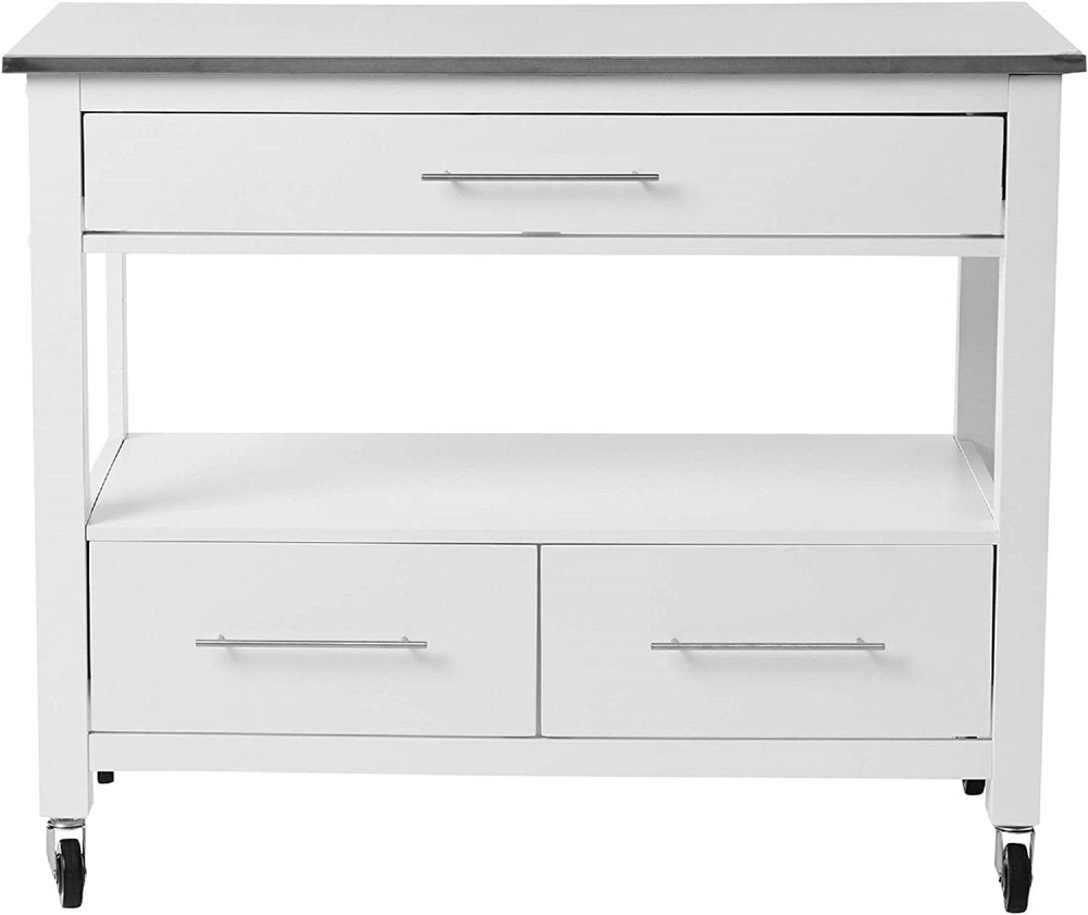 White and Silver 43" Rolling Kitchen Island With Storage
