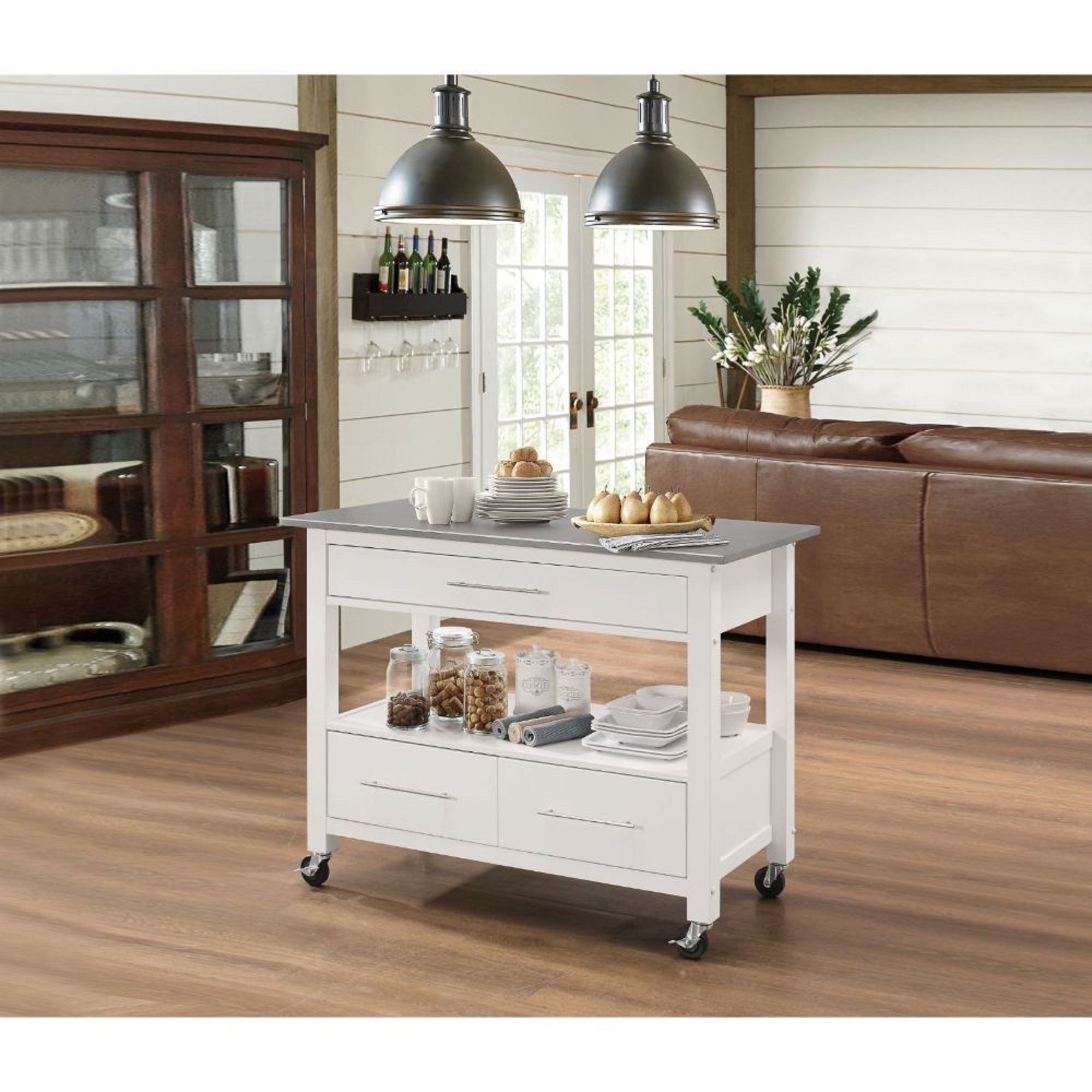 White And Stainless Rolling Kitchen Island Or Bar Cart