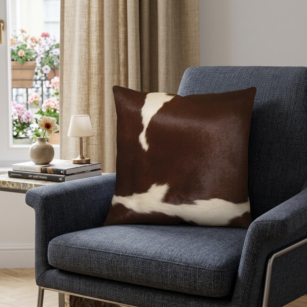 18" X 18" X 5" Brown And White Cowhide  Pillow