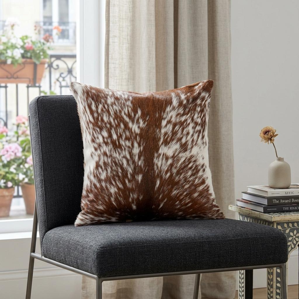 18" Brown and White Cowhide Throw Pillow