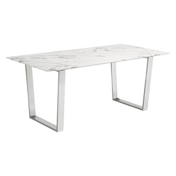 71" White And Silver Marble And Steel Dining Table