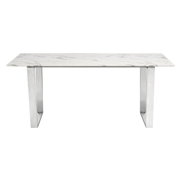 71" White And Silver Marble And Steel Sled Base Dining Table