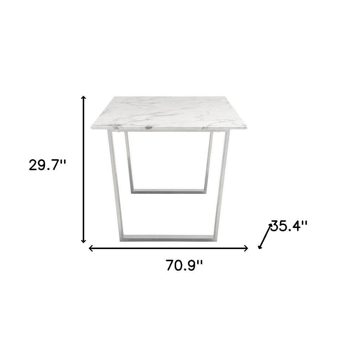 71" White And Silver Marble And Steel Sled Base Dining Table