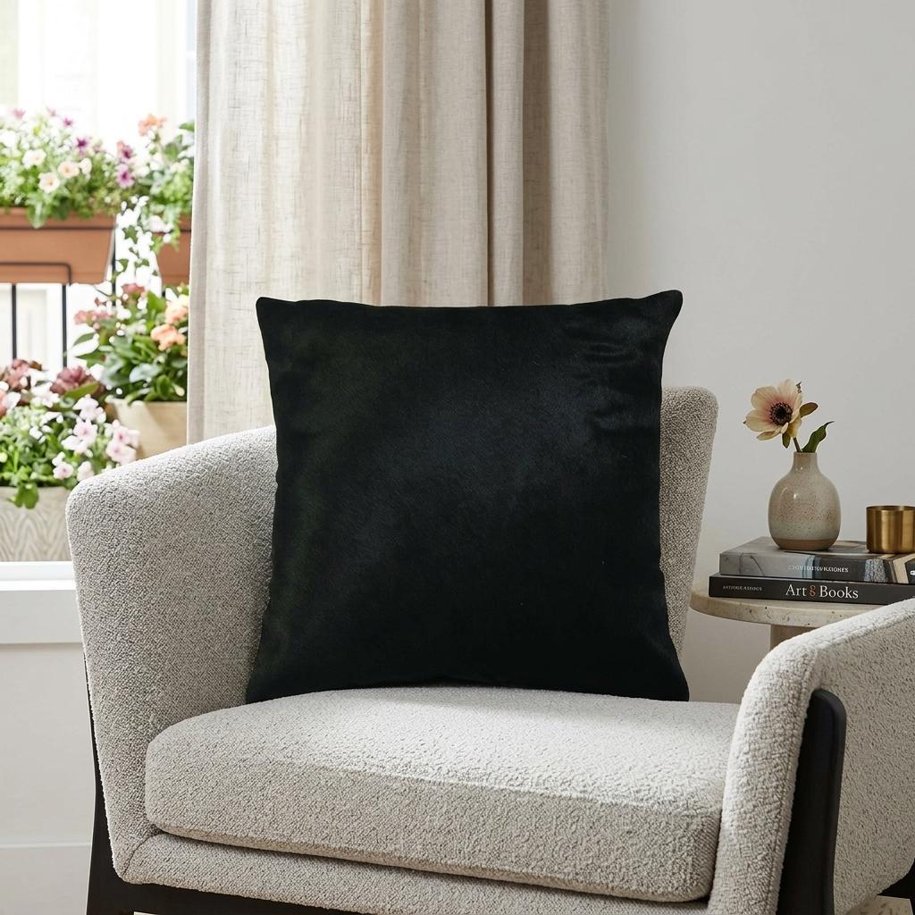 18" Black Cowhide Throw Pillow