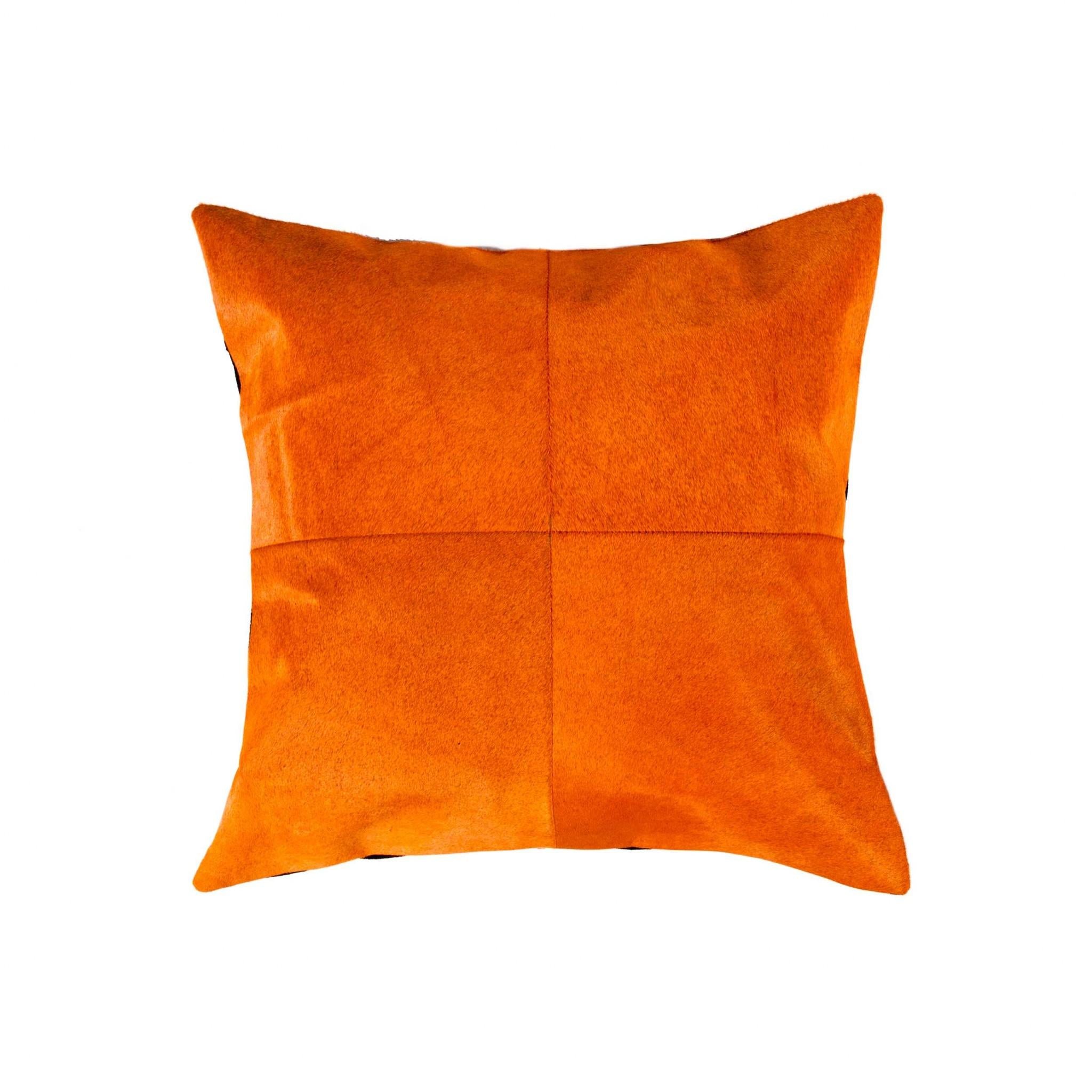 18" Orange Genuine Cowhide Stitchwork Throw Pillow