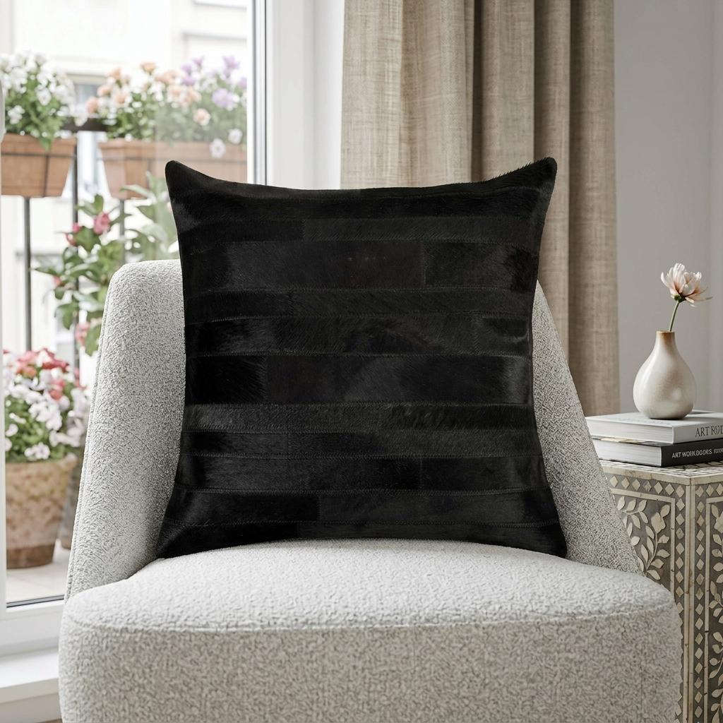 18" Black Cowhide Throw Pillow
