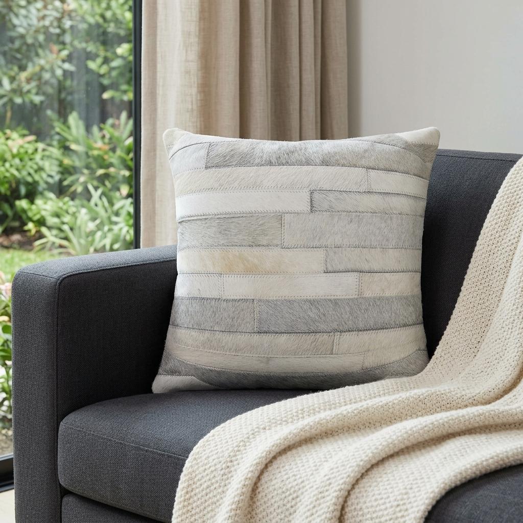 18" Gray Cowhide Throw Pillow