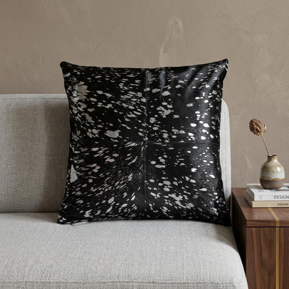 18" Black and Silver Cowhide Throw Pillow