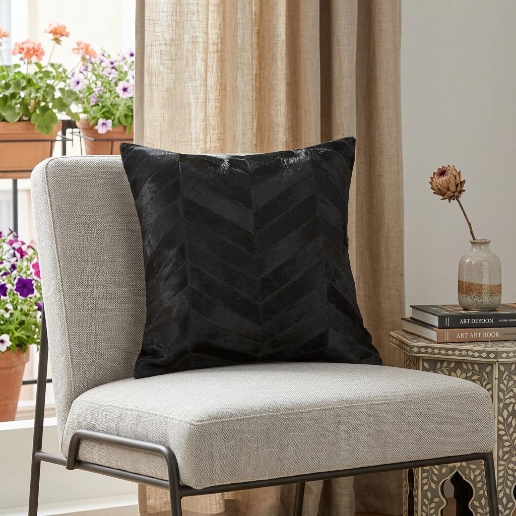 18" Black Cowhide Throw Pillow