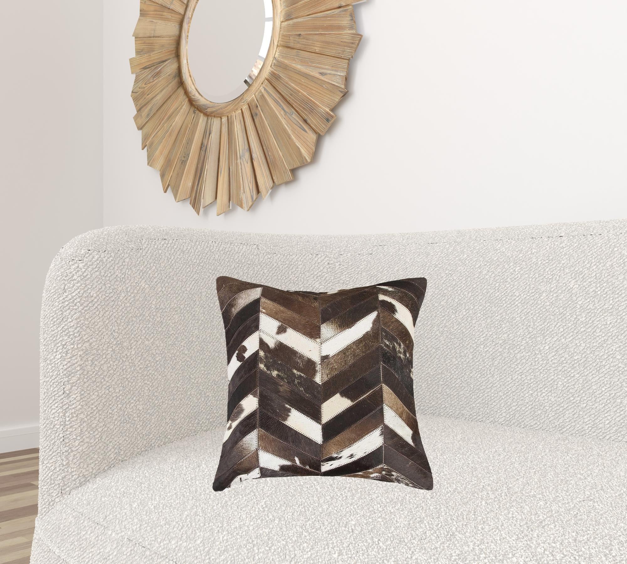 18" Brown and Off White Chevron Cowhide Throw Pillow