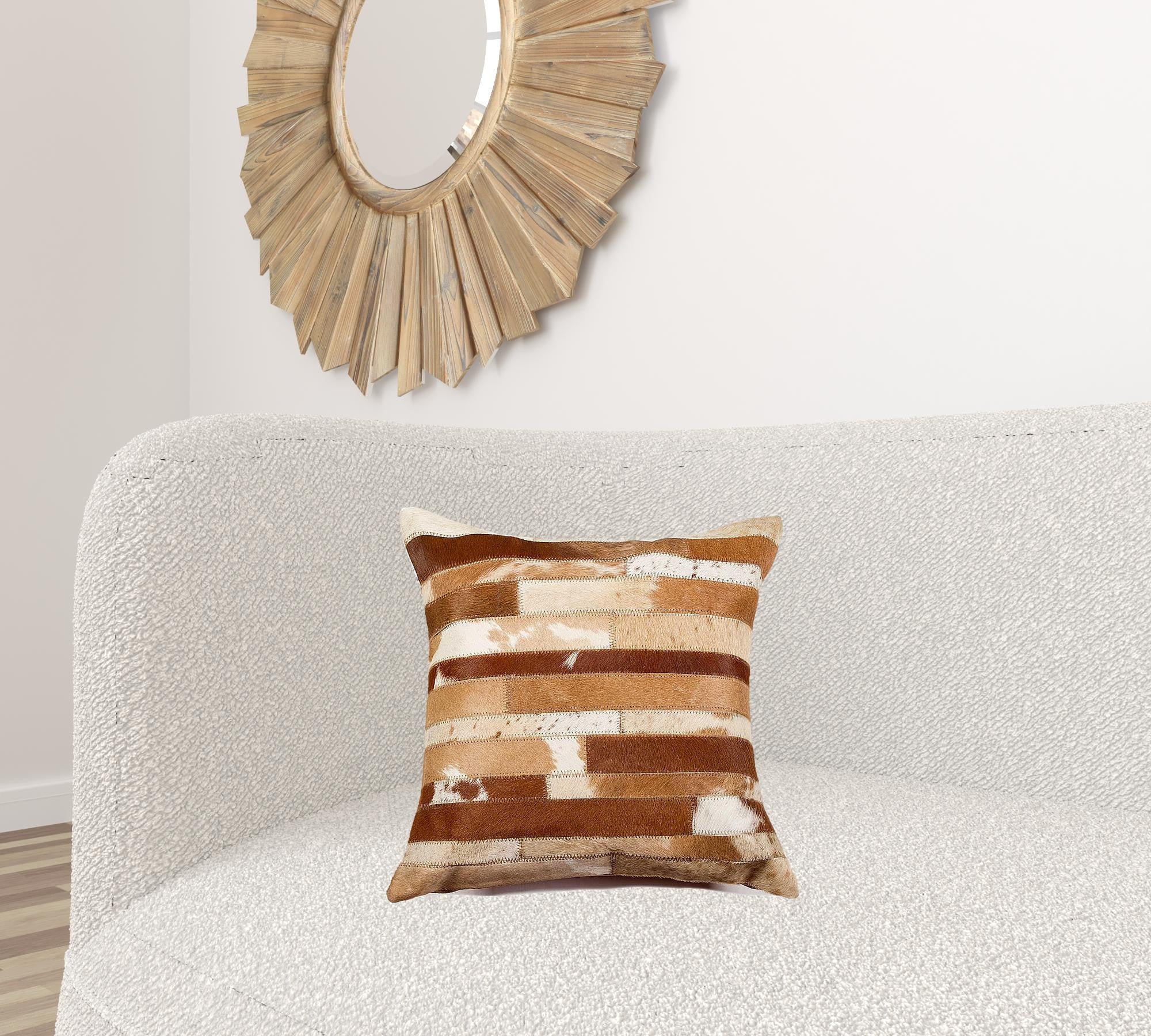 18" Brown and White Cowhide Throw Pillow