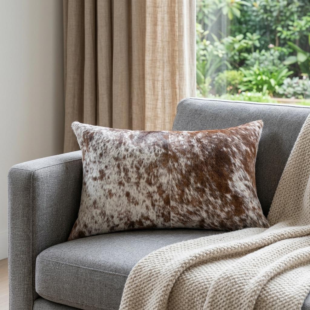 18" X 18" X 5" Salt And Pepper Brown And White Cowhide  Pillow