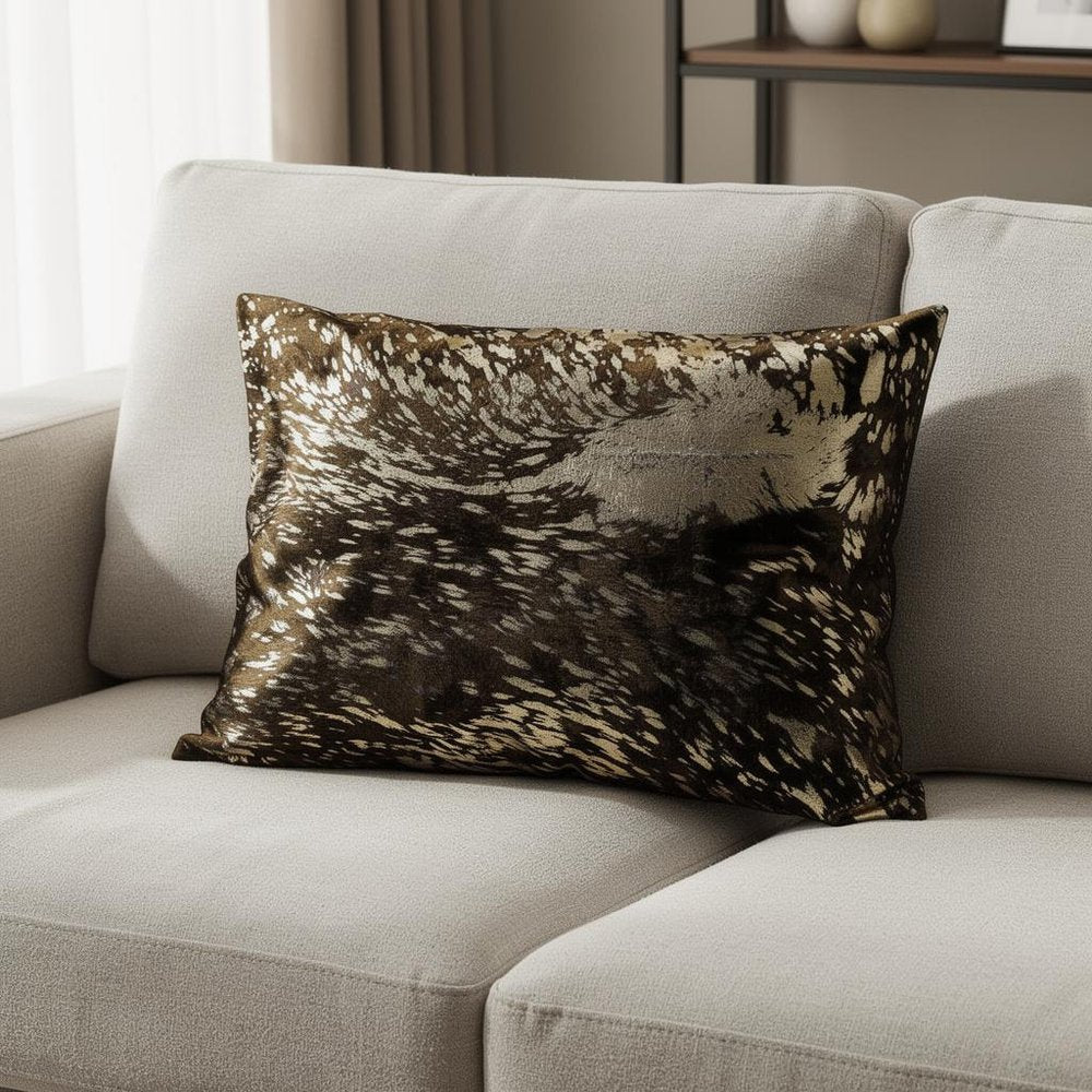 12" X 20" X 5" Chocolate And Gold Cowhide  Pillow