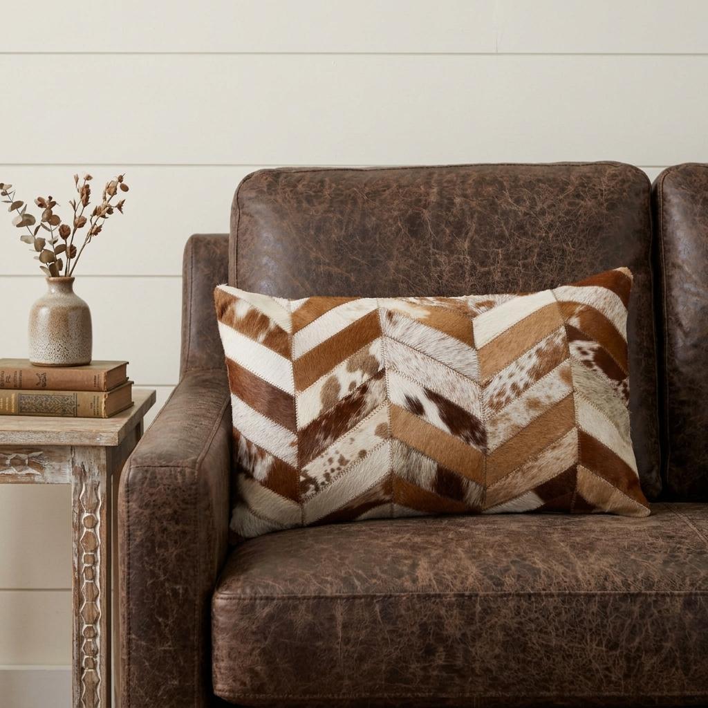 12" X 20" Brown and Off White Chevron Cowhide Throw Pillow