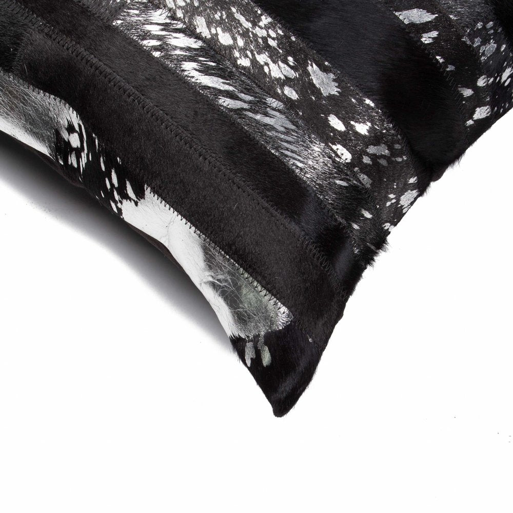 18" Black And Silver Striped Cowhide Throw Pillow