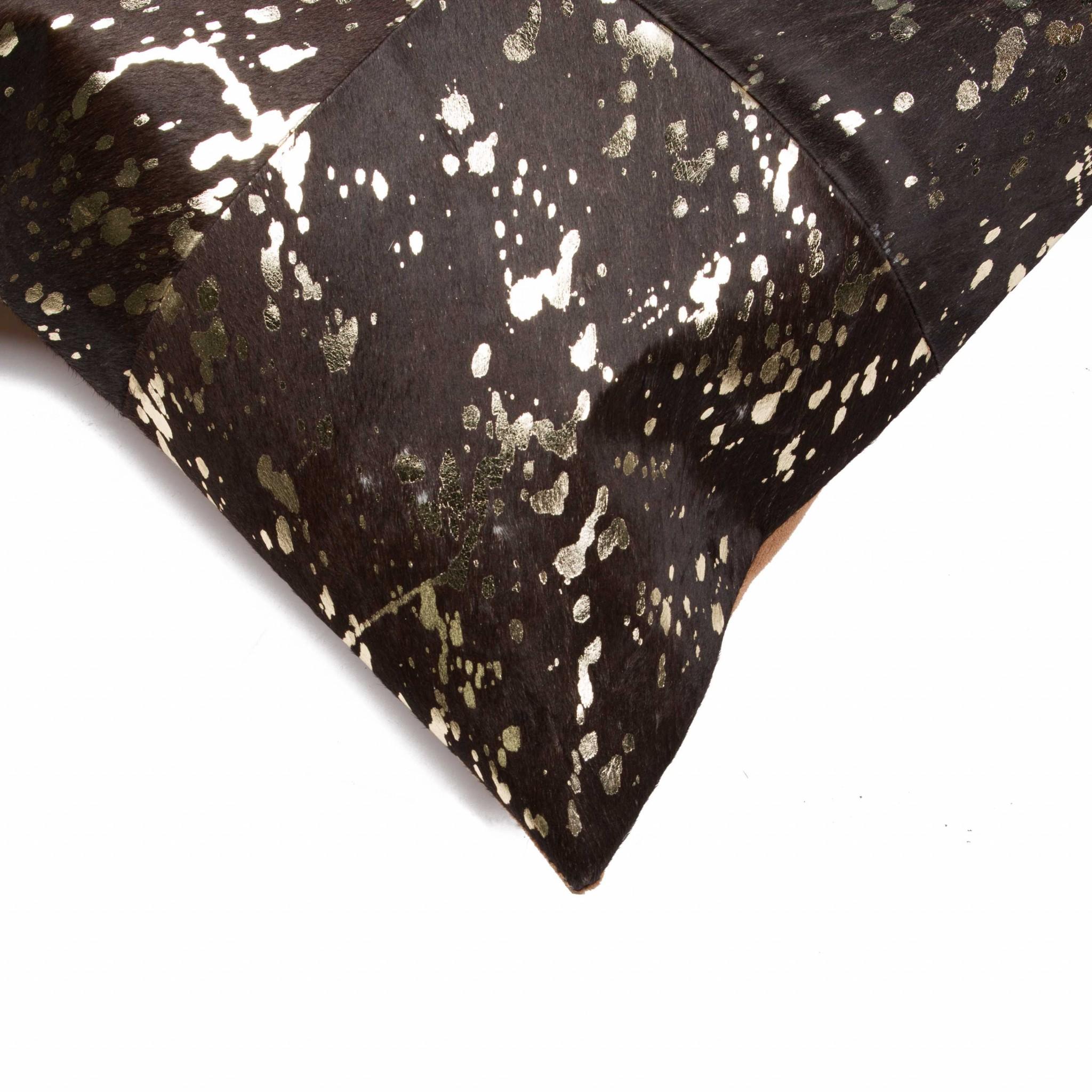 Set of Two 18" Chocolate And Gold Cowhide Throw Pillows