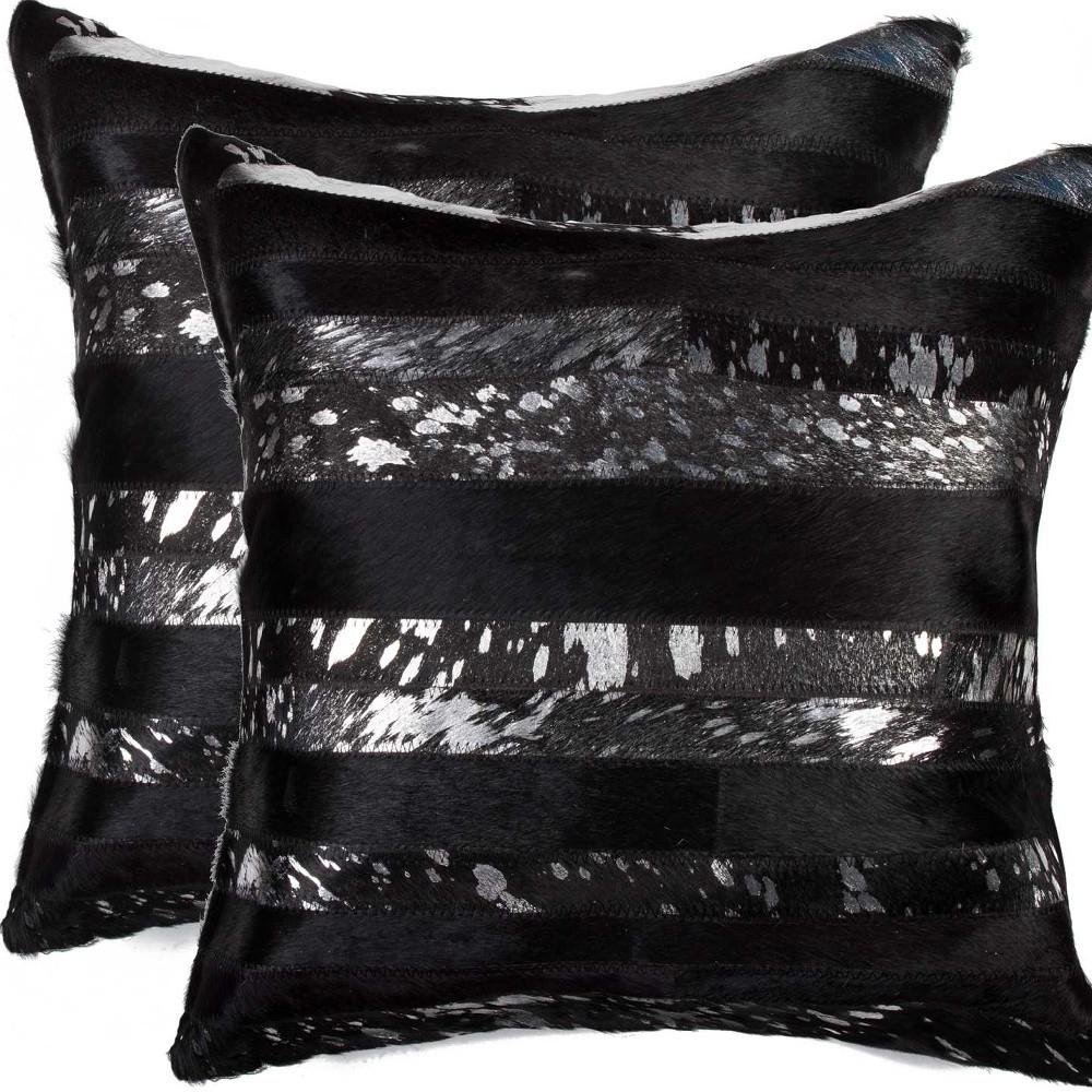 Set of Two 18" Gold and Black Cowhide Throw Pillows