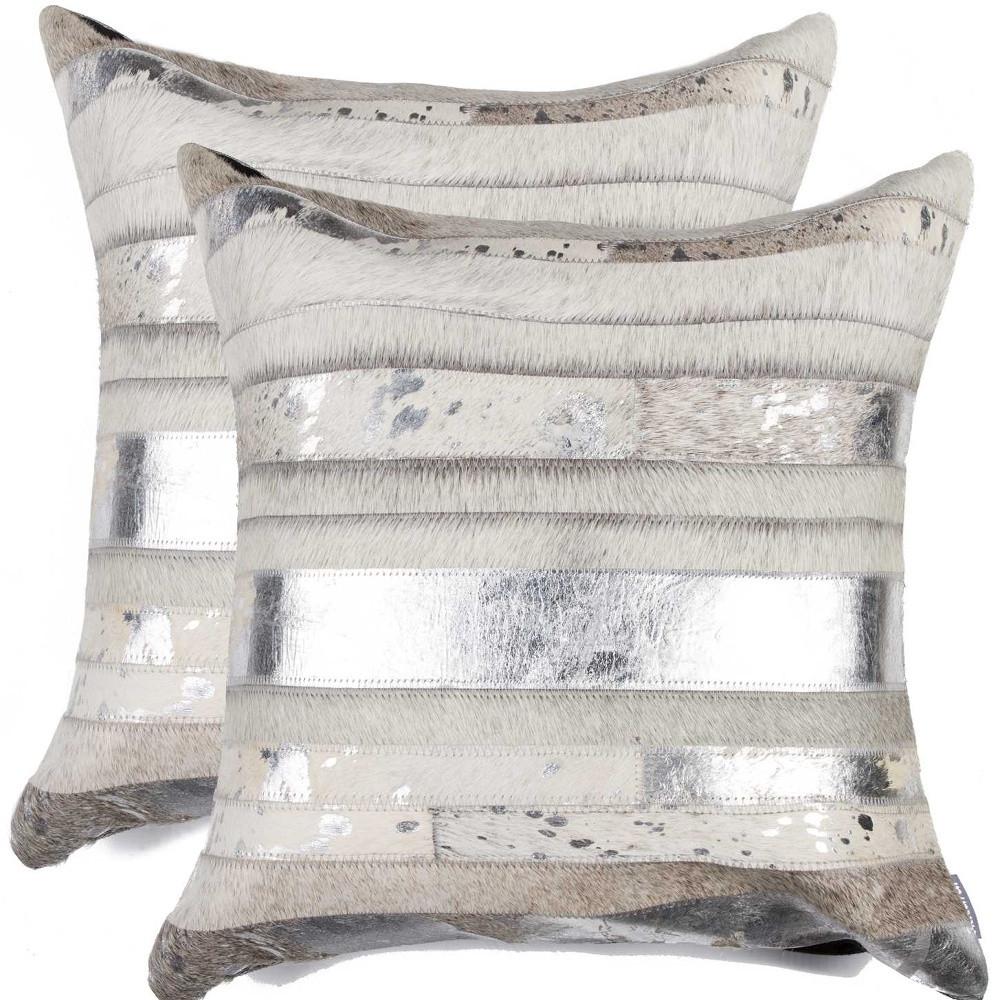 Set of Two 18" Silver And Gray Cowhide Throw Pillows