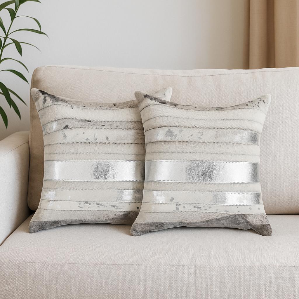Set of Two 18" Silver And Gray Cowhide Throw Pillows