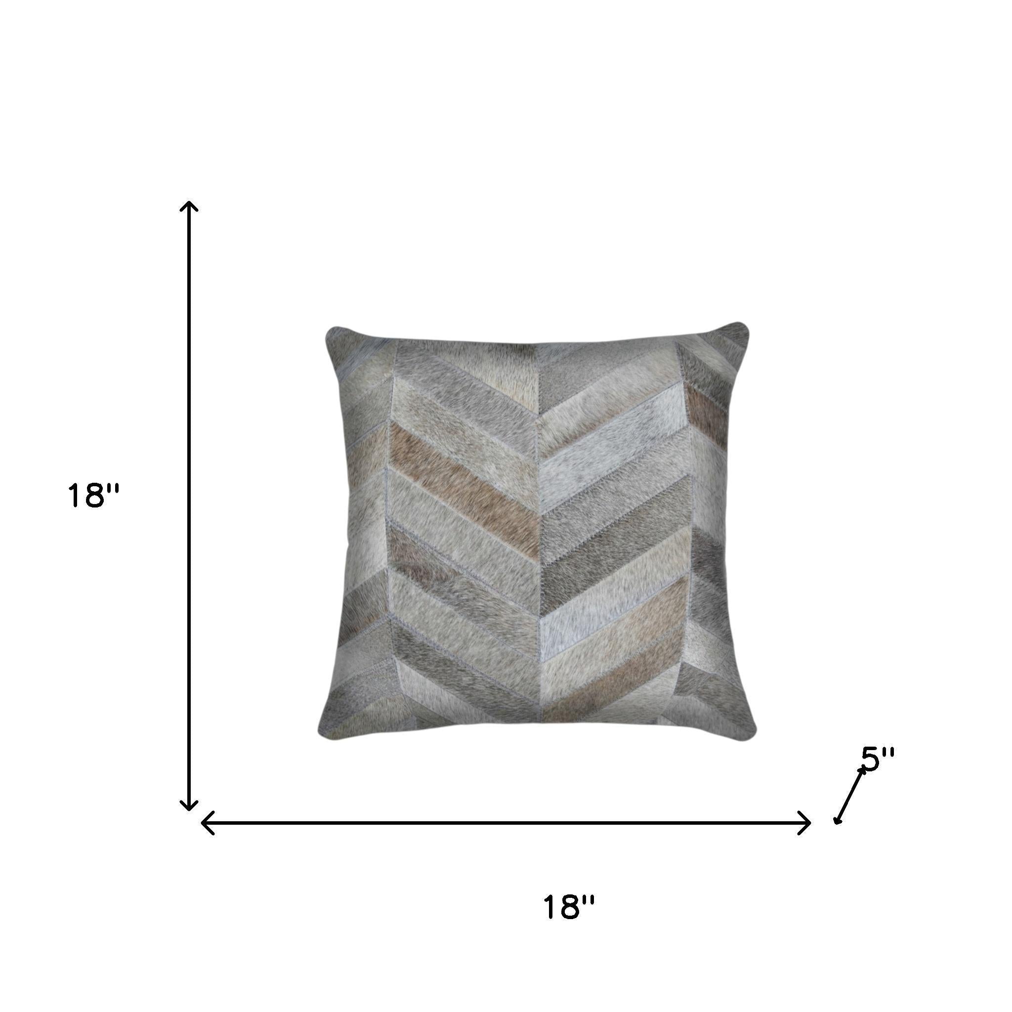 Set of Two 18" Gray Cowhide Chevron Throw Pillows