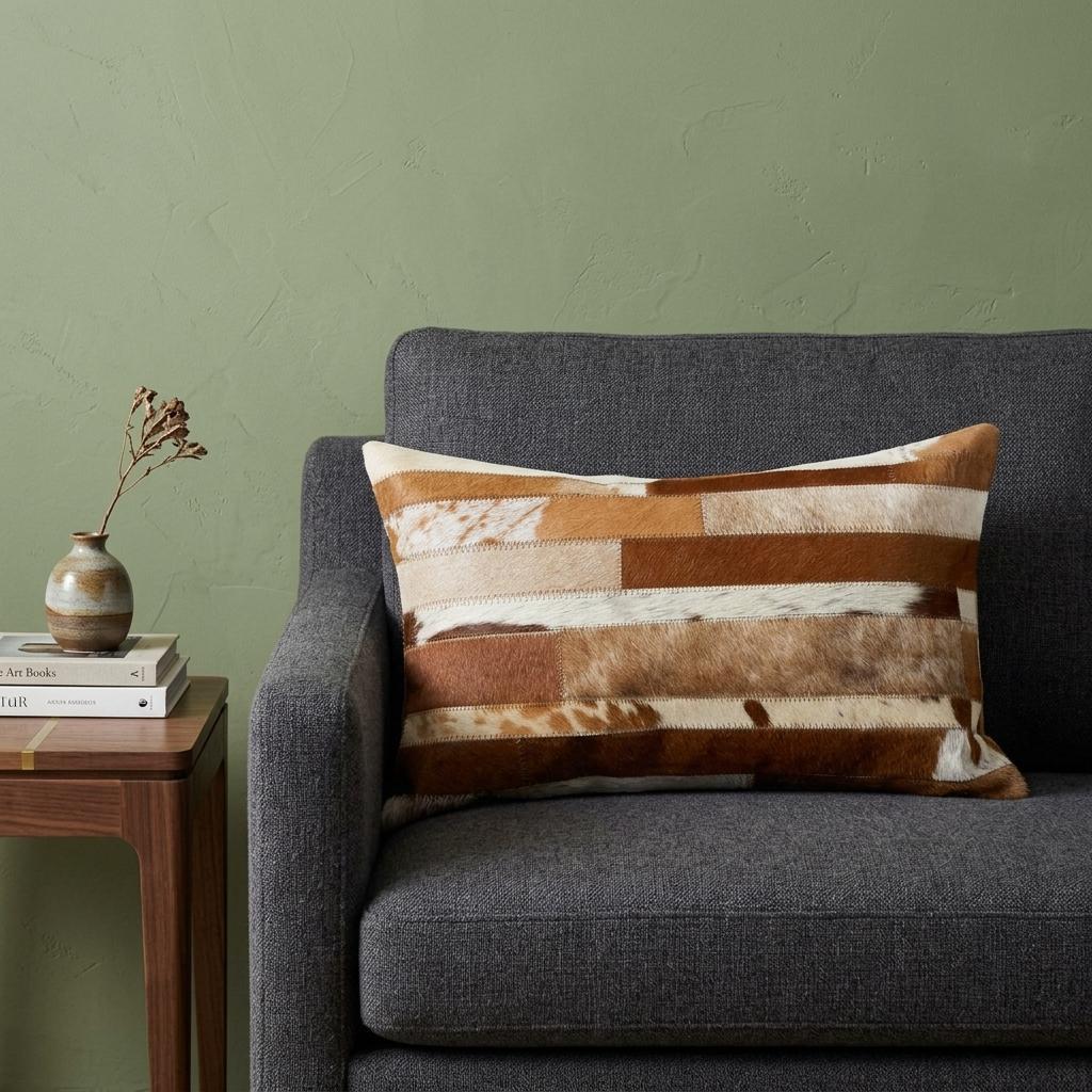 12" X 20" Brown and White Cowhide Throw Pillow