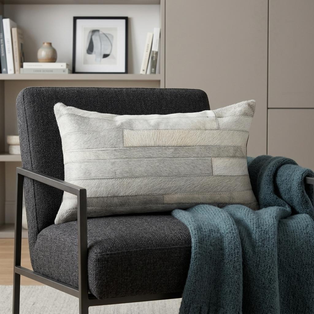 12" X 20" Gray Cowhide Throw Pillow