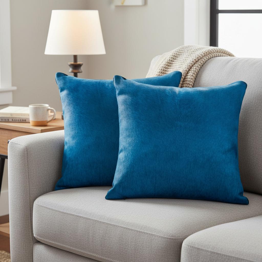 Set of Two 18" Royal Blue Cowhide Throw Pillows