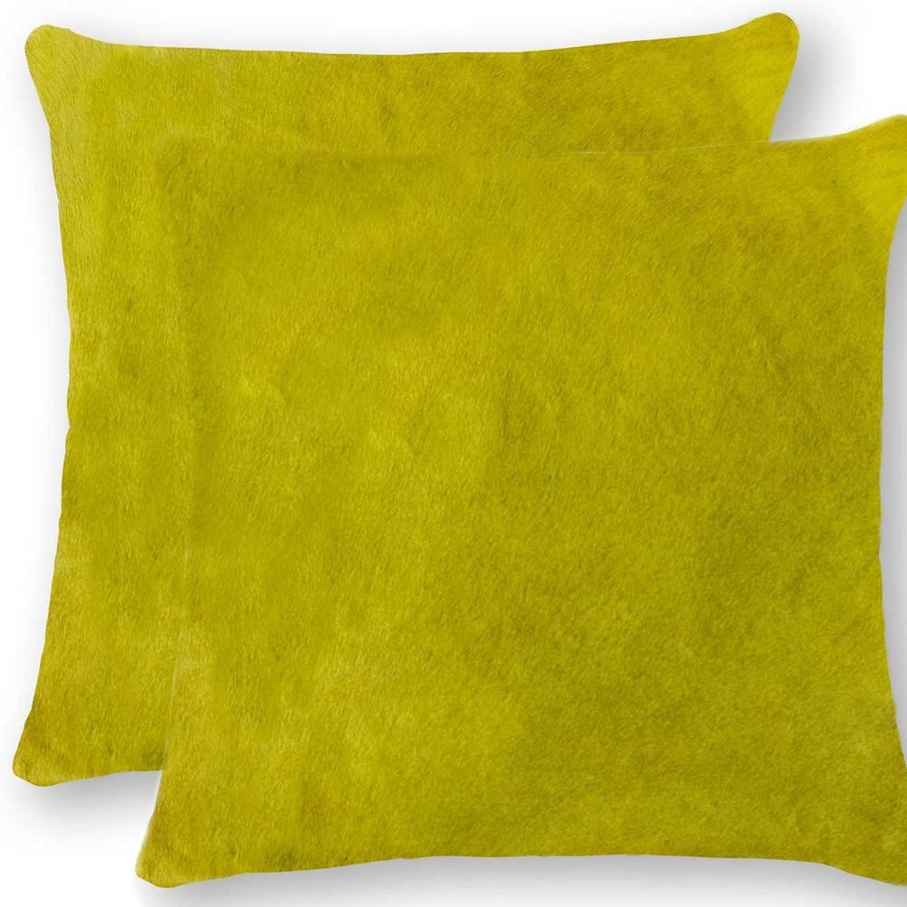Set of Two 18" Yellow Cowhide Throw Pillows