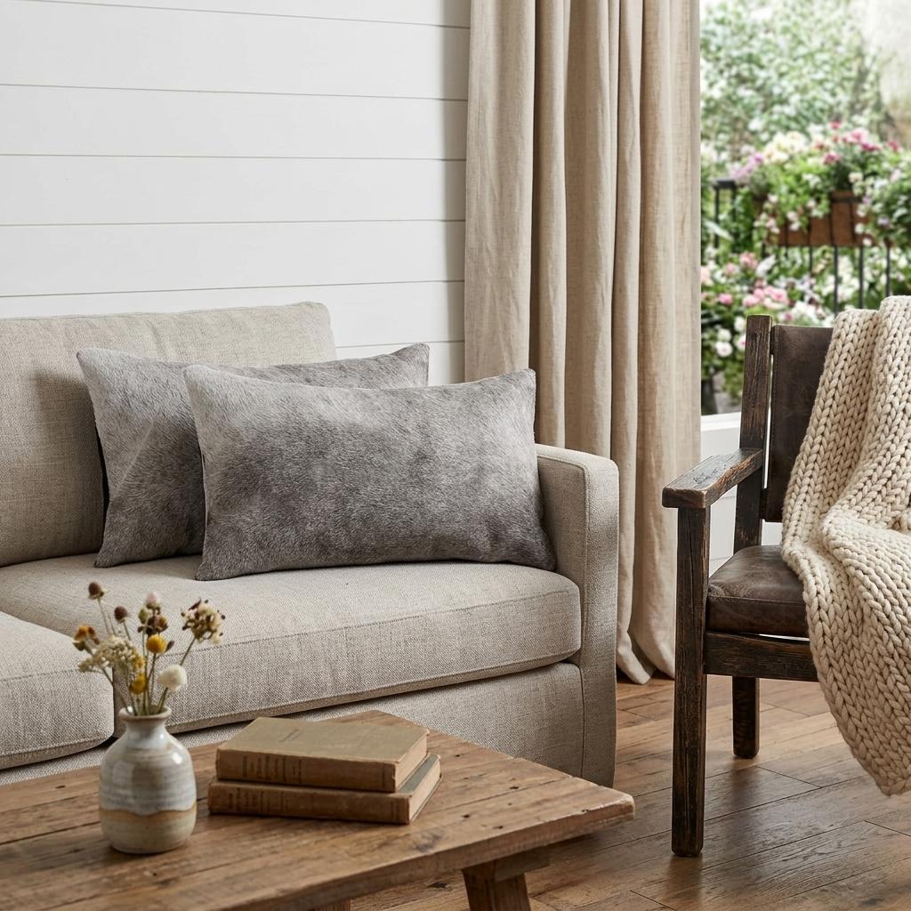 Set of Two 12" X 20" Gray Cowhide Throw Pillow