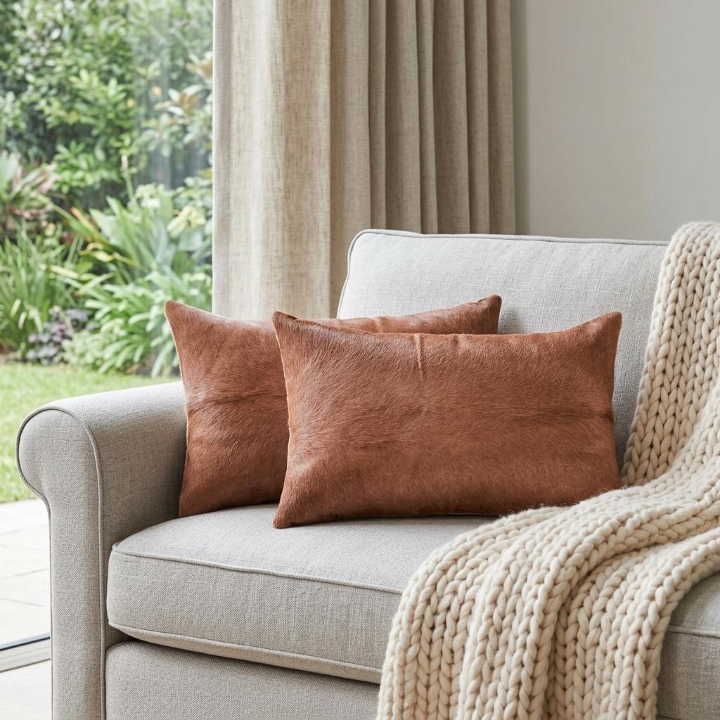 Set of Two 12" X 20" Brown Cowhide Throw Pillow
