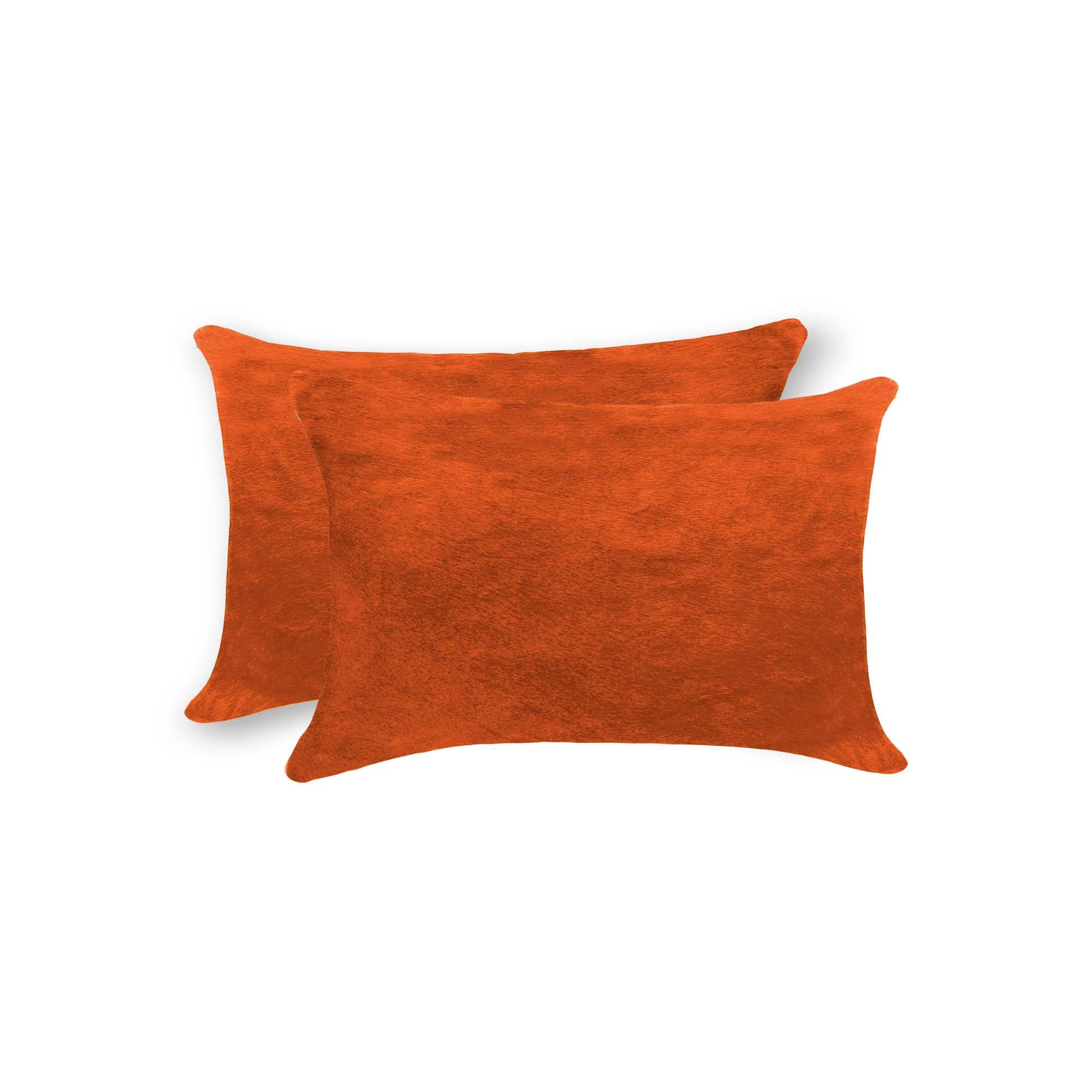 Set of Two 12" X 20" Orange Genuine Cowhide Lumbar Throw Pillows