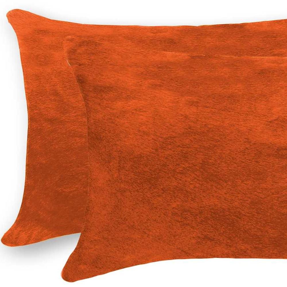 Set of Two 12" X 20" Orange Genuine Cowhide Lumbar Throw Pillows
