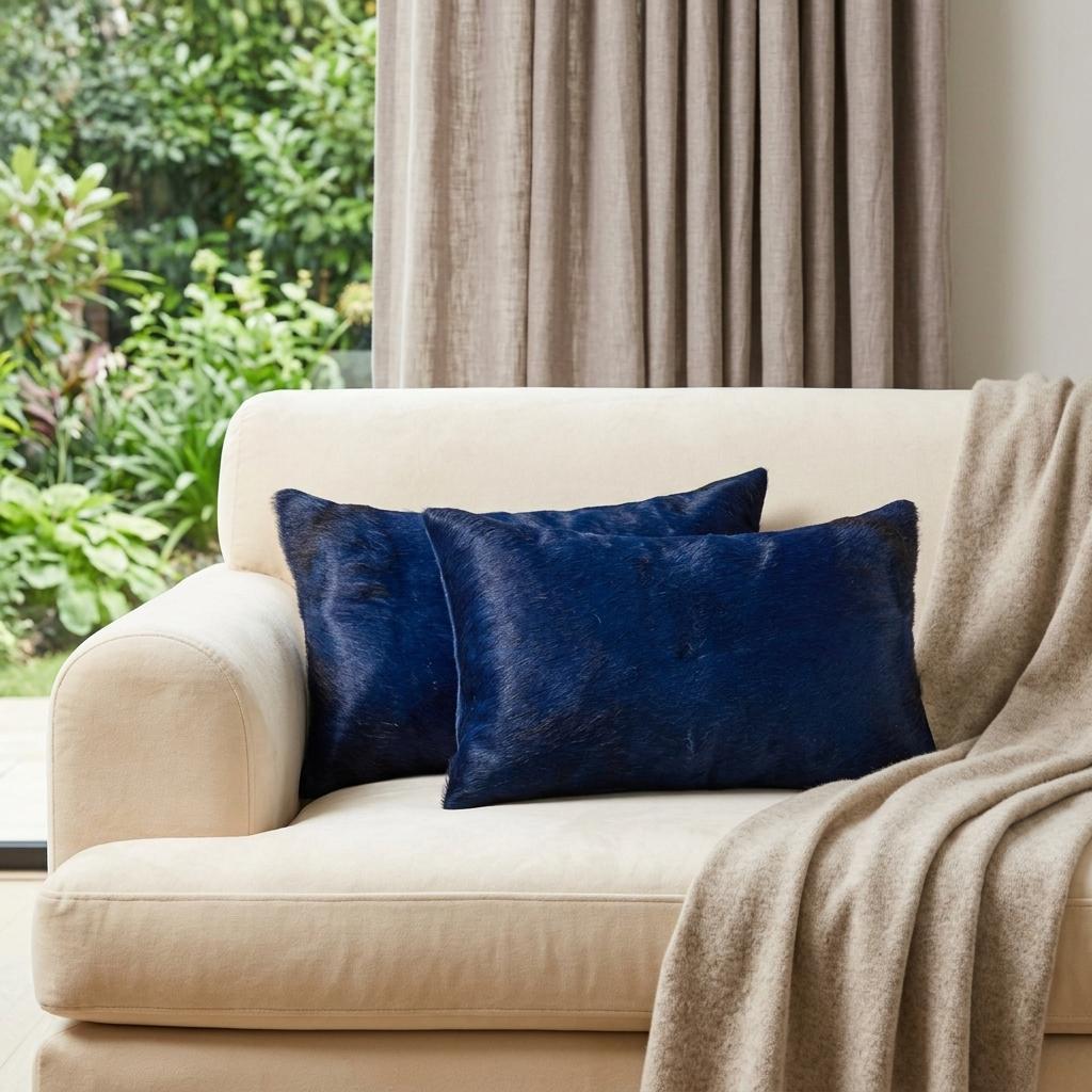 Set of Two 12" X 20" Navy Blue Cowhide Lumbar Throw Pillows