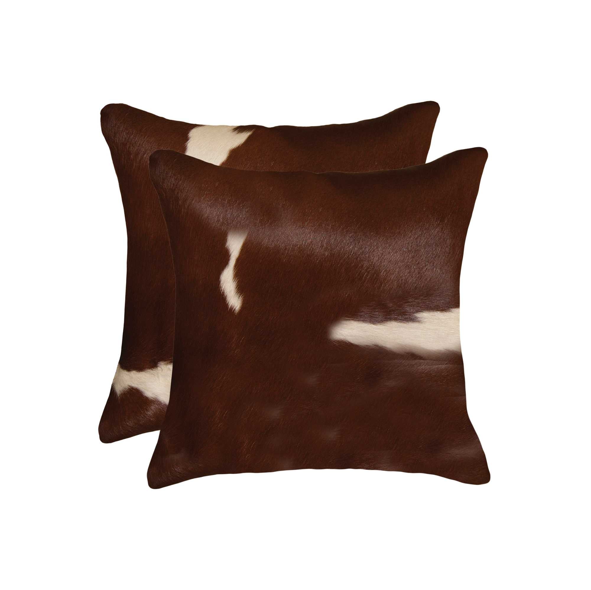 Set of Two 18" Brown And White Cowhide Throw Pillows
